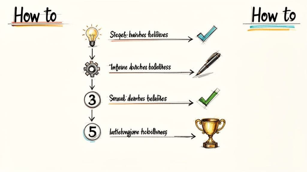 Hand-drawn 'How to' infographic with steps from a lightbulb idea to a trophy award.
