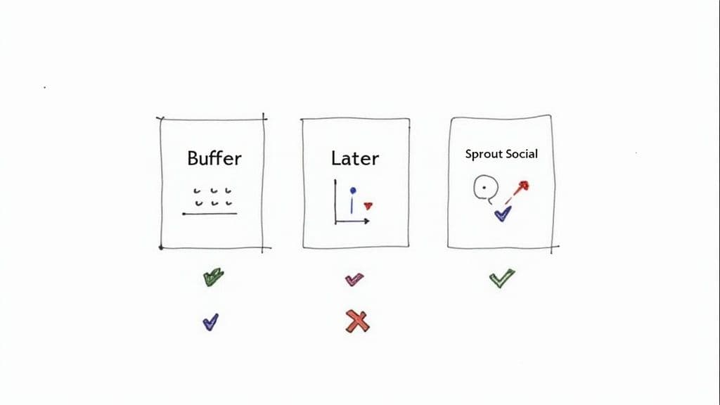 Visual comparison of social media automation platforms Buffer, Later, and Sprout Social with evaluations.