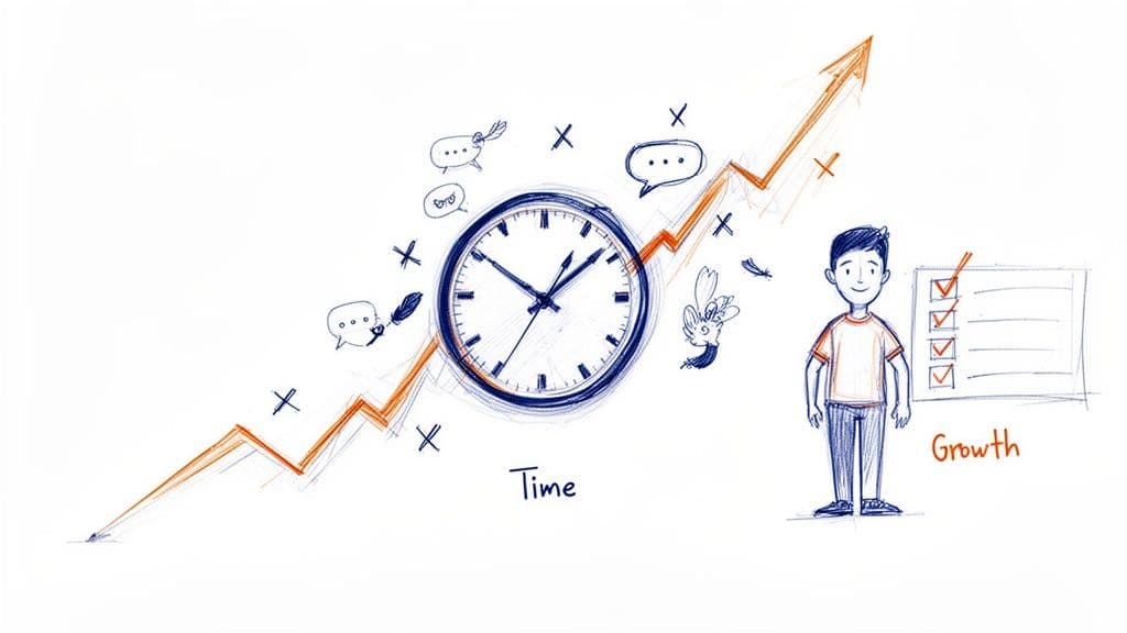 Illustration showing a clock, upward growth graph, and a boy next to a completed checklist, representing time management and productivity.