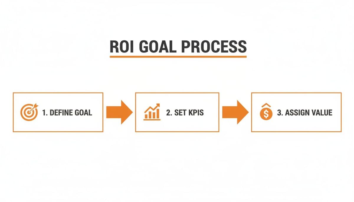 A three-step process for ROI goals, showing defining goals, setting KPIs, and assigning value.