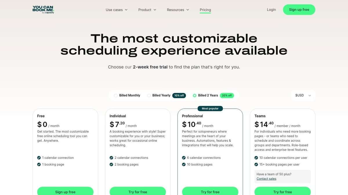 YouCanBook.me pricing page showing the free plan alongside paid options.