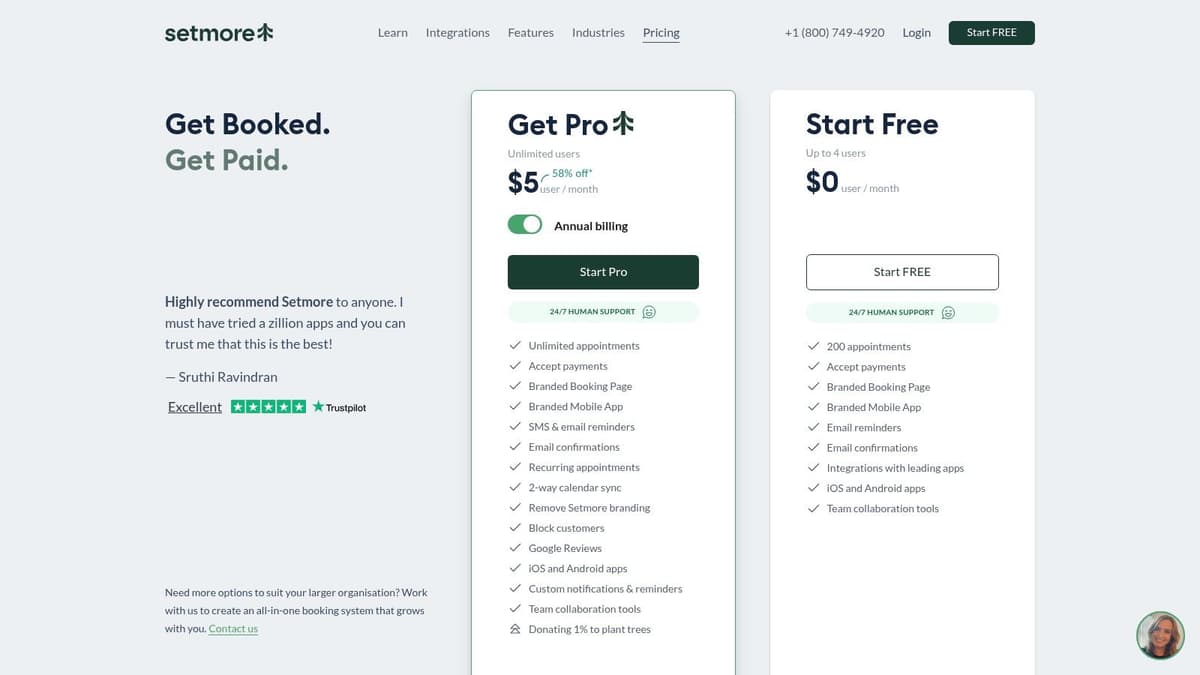 Setmore's free and paid pricing plans, highlighting features for each tier.
