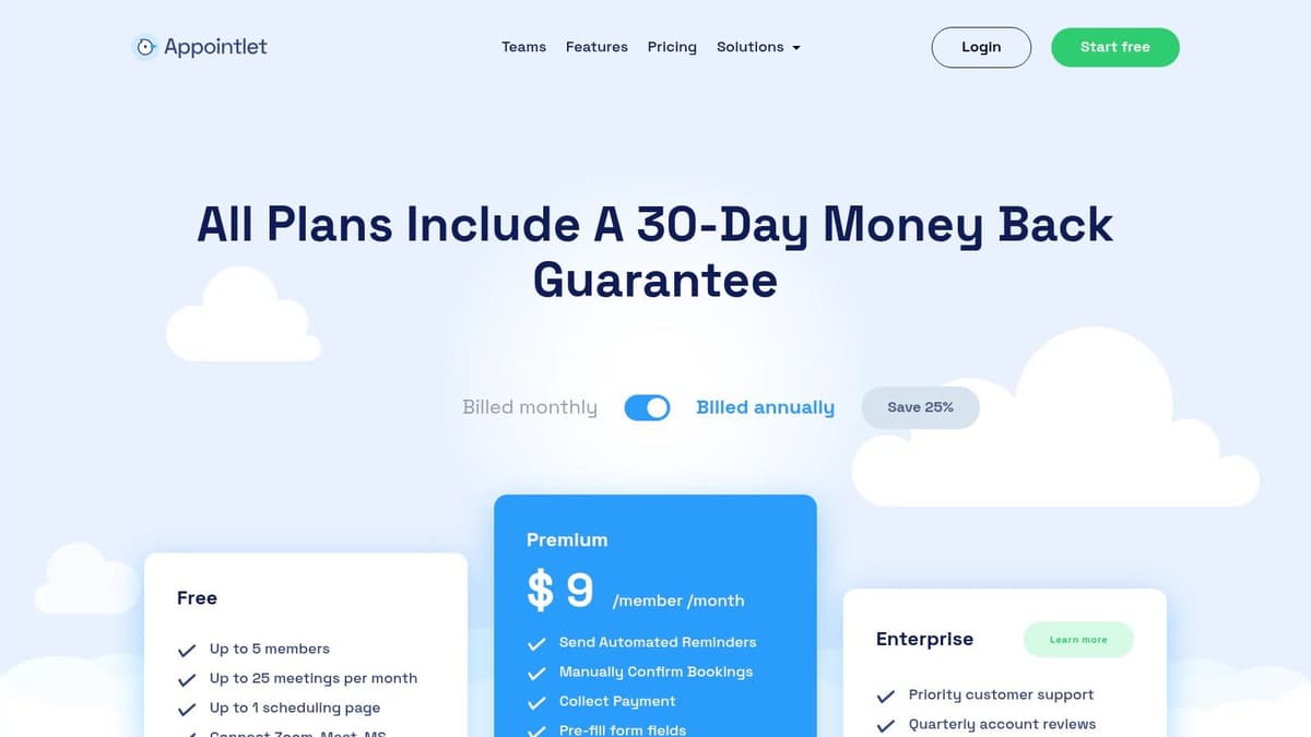 Appointlet's pricing page highlighting its free and paid plan features.