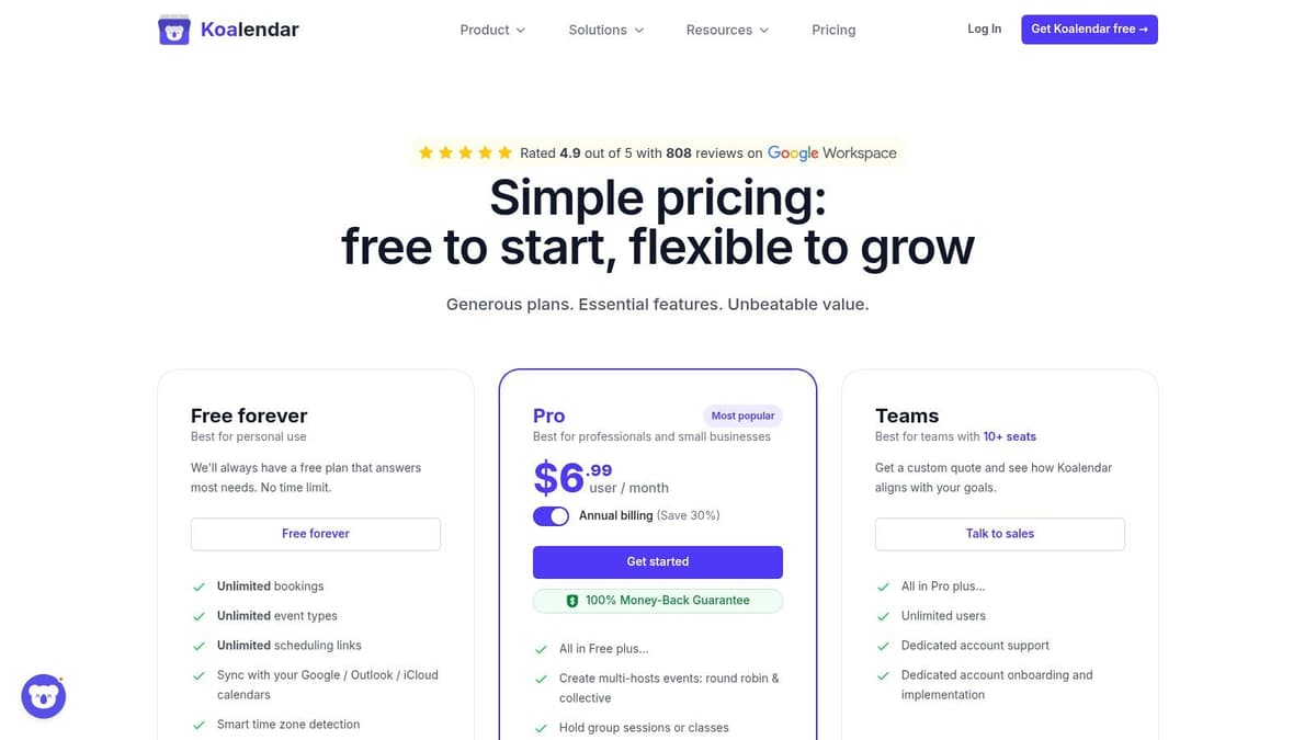 Koalendar pricing plans showing the free and paid tiers.