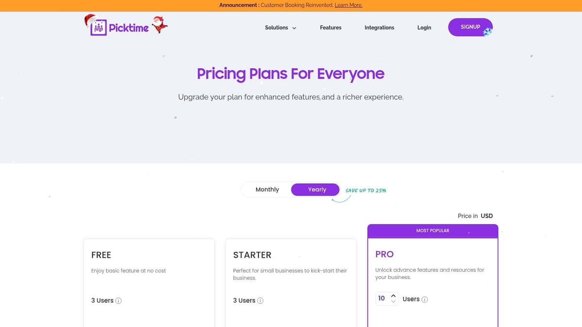 Picktime pricing plans showing the free and paid tiers.