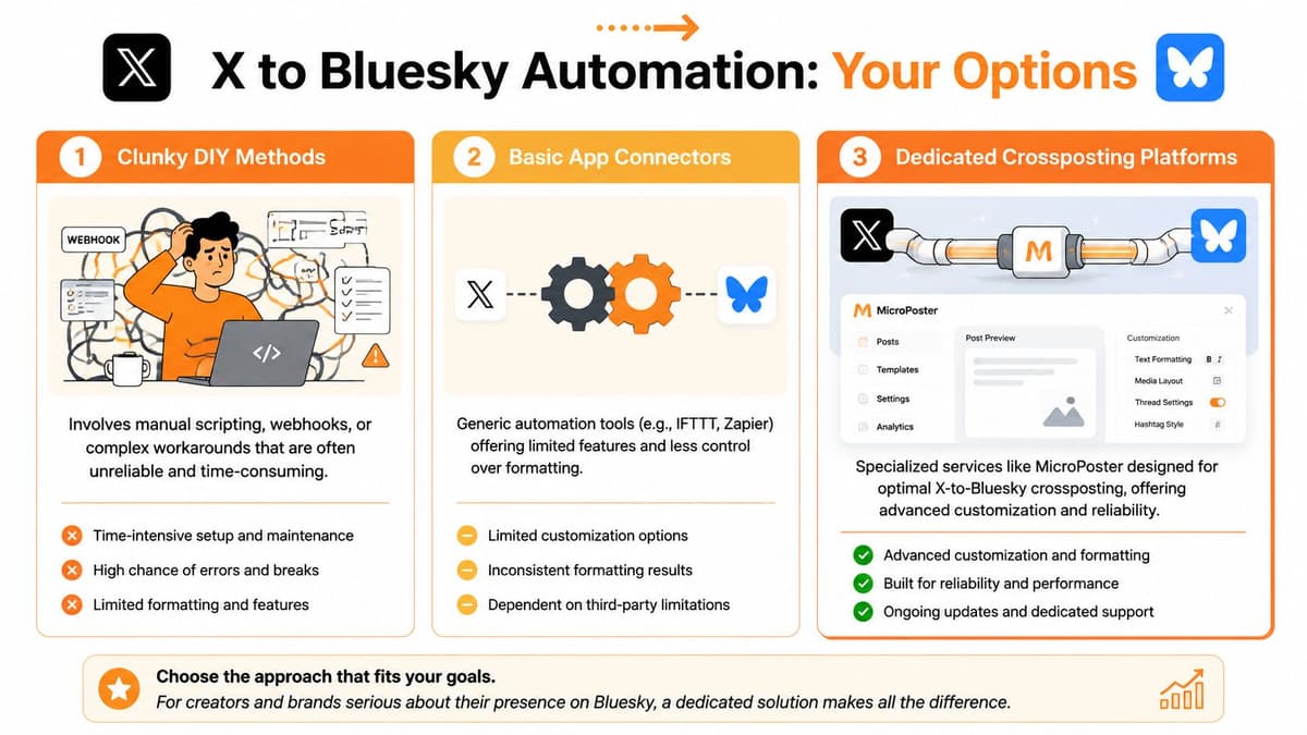 A comparison infographic showing three ways to automate sharing X posts to Bluesky, highlighting dedicated platforms as optimal.