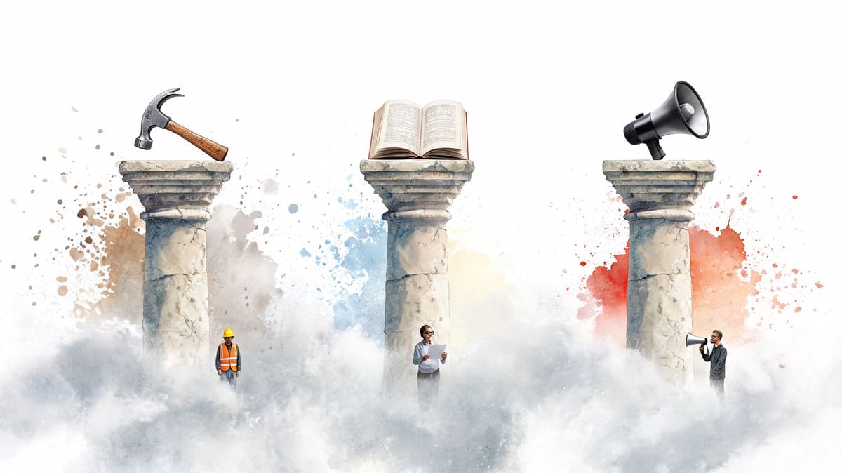 Three stone pillars in clouds, featuring a hammer, a book, and a megaphone, with accompanying professionals.