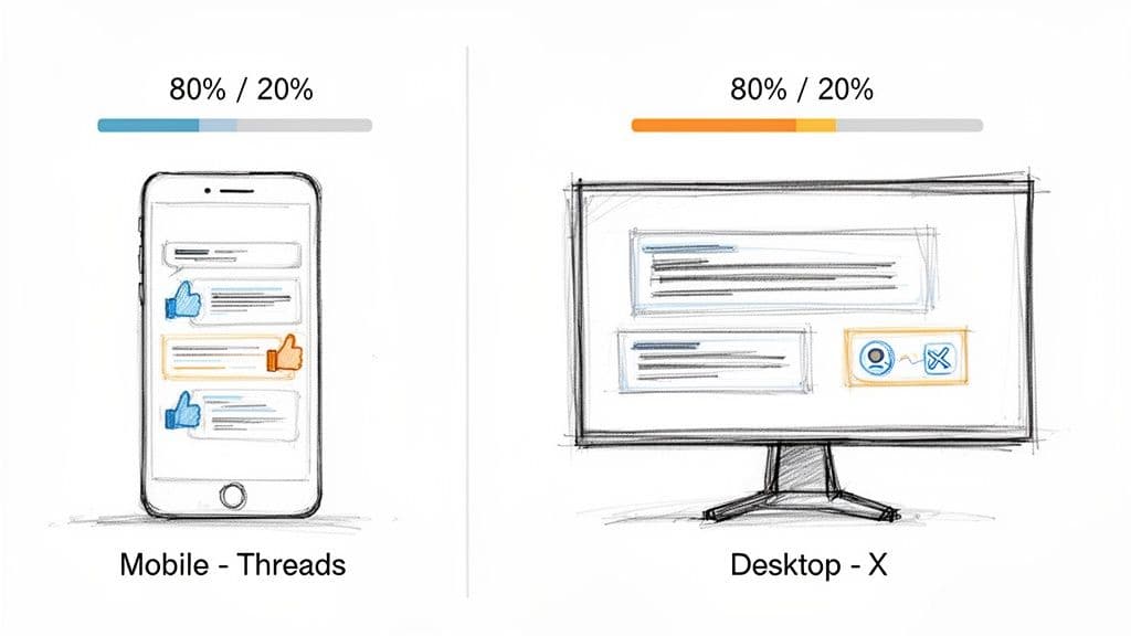 Visual comparison of content display and user interaction on mobile (Threads) and desktop (X), showing an 80/20 split.