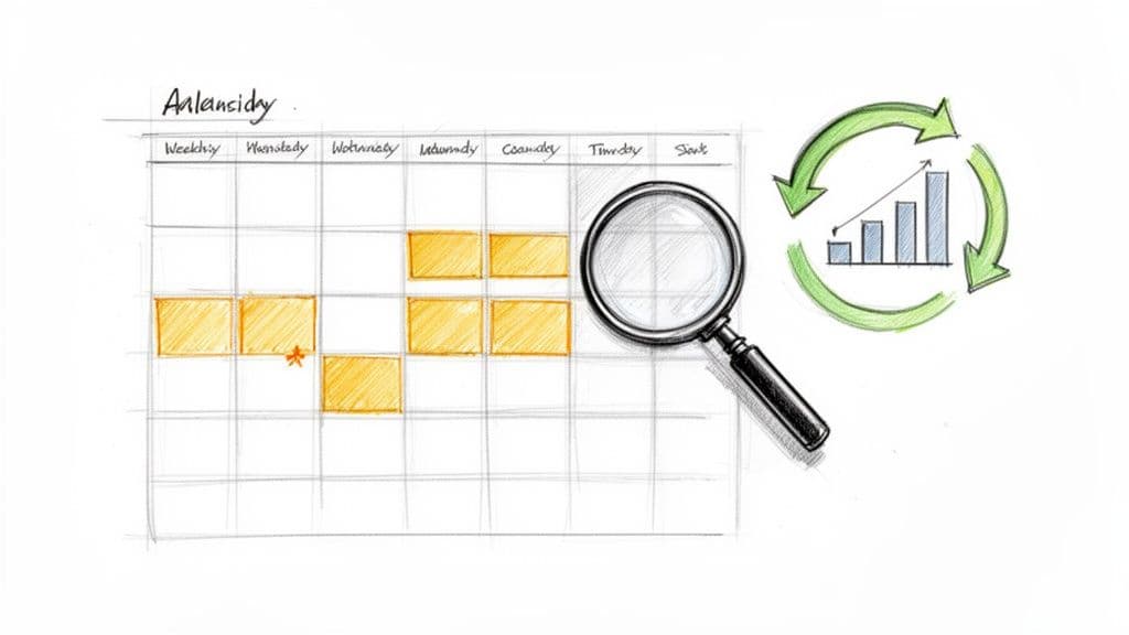 Hand-drawn calendar with highlighted dates, magnifying glass, and a progress chart with cycle arrows.