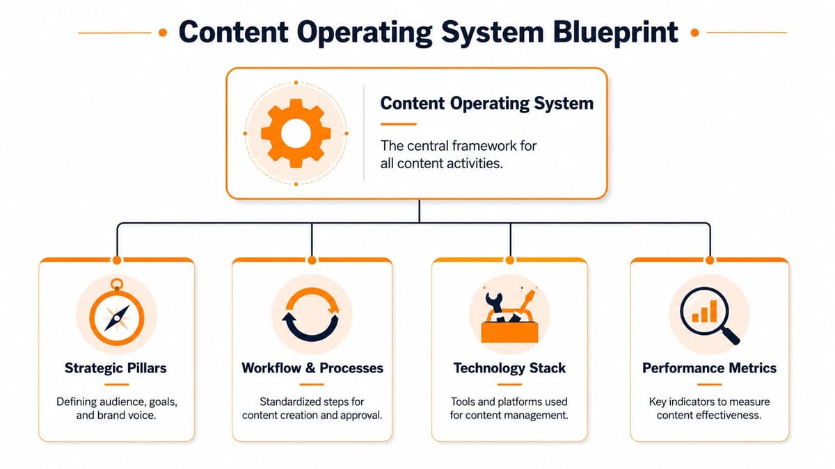 A diagram outlining the Content Operating System Blueprint with four main pillars for content strategy and management.