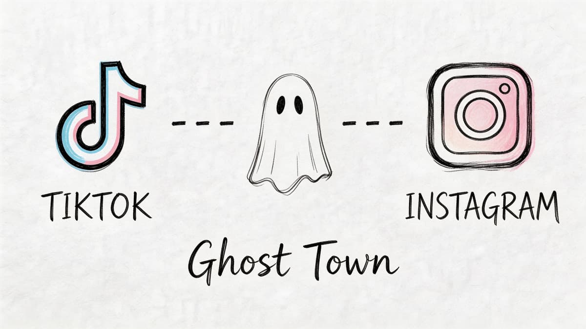 A conceptual illustration featuring the TikTok and Instagram logos connected by a ghost icon labeled Ghost Town.