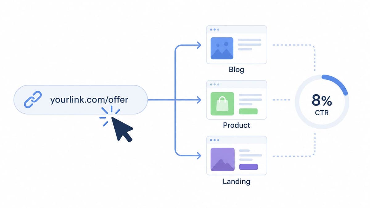 A diagram illustrating how a single URL directs traffic to three different webpages with an 8 percent CTR.