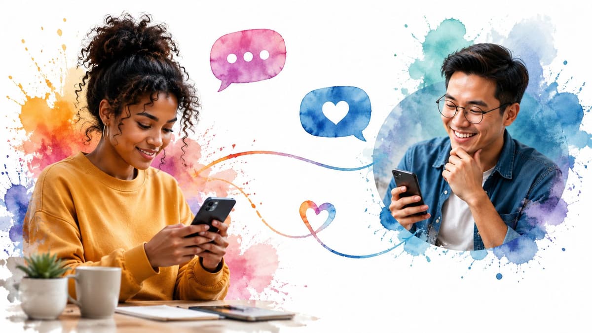 A smiling woman and a man communicating through digital devices connected by artistic watercolor speech bubbles.
