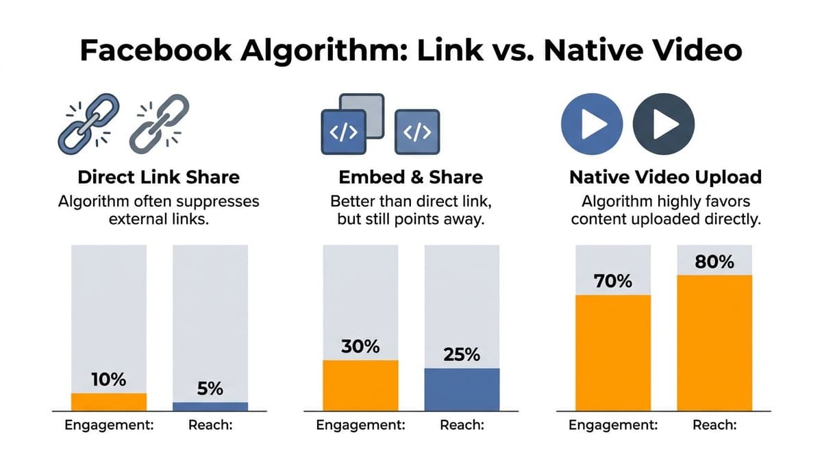A bar chart comparison of engagement and reach metrics for direct links, embed shares, and native video uploads on Facebook.