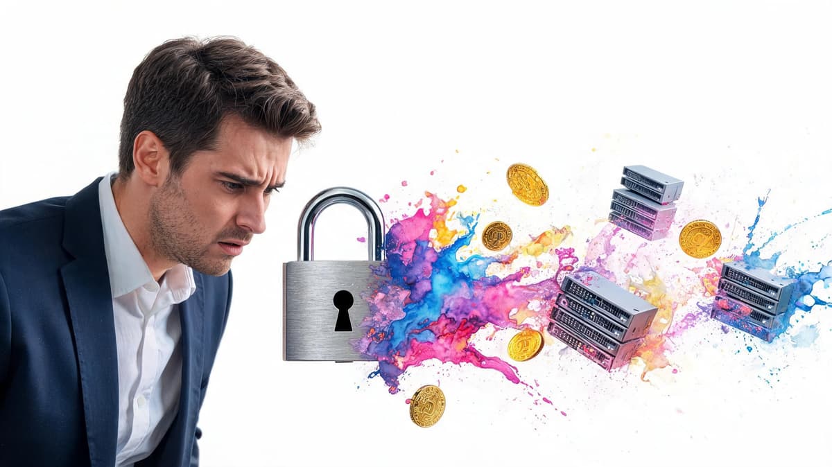 A concerned businessman looking at a conceptual illustration of a padlock, digital coins, and server hardware.