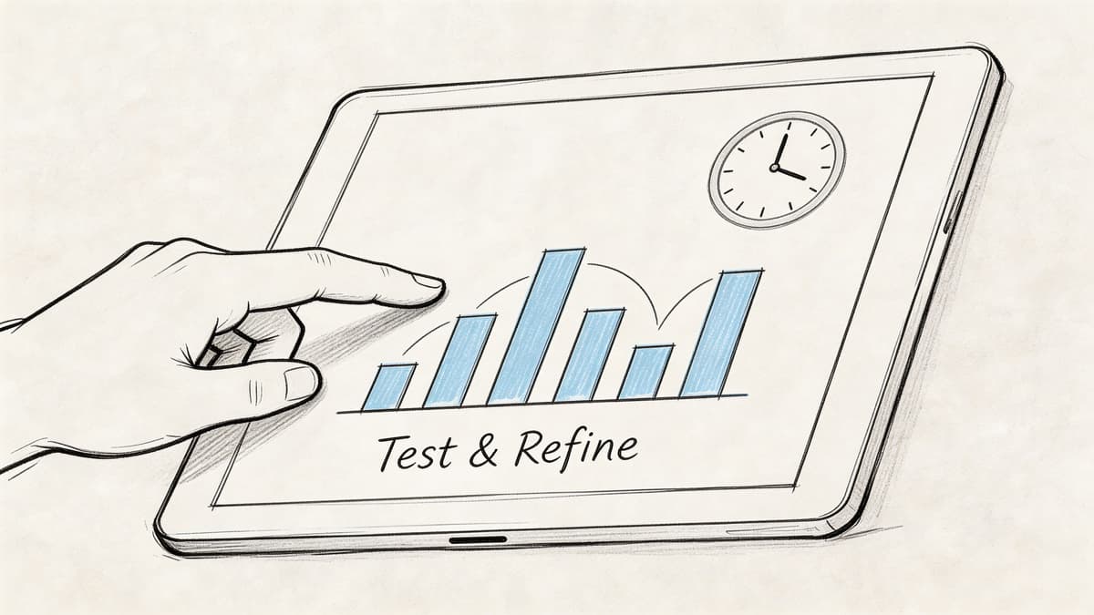 A hand interacting with a tablet screen showing a bar graph and a clock, representing testing and refining.