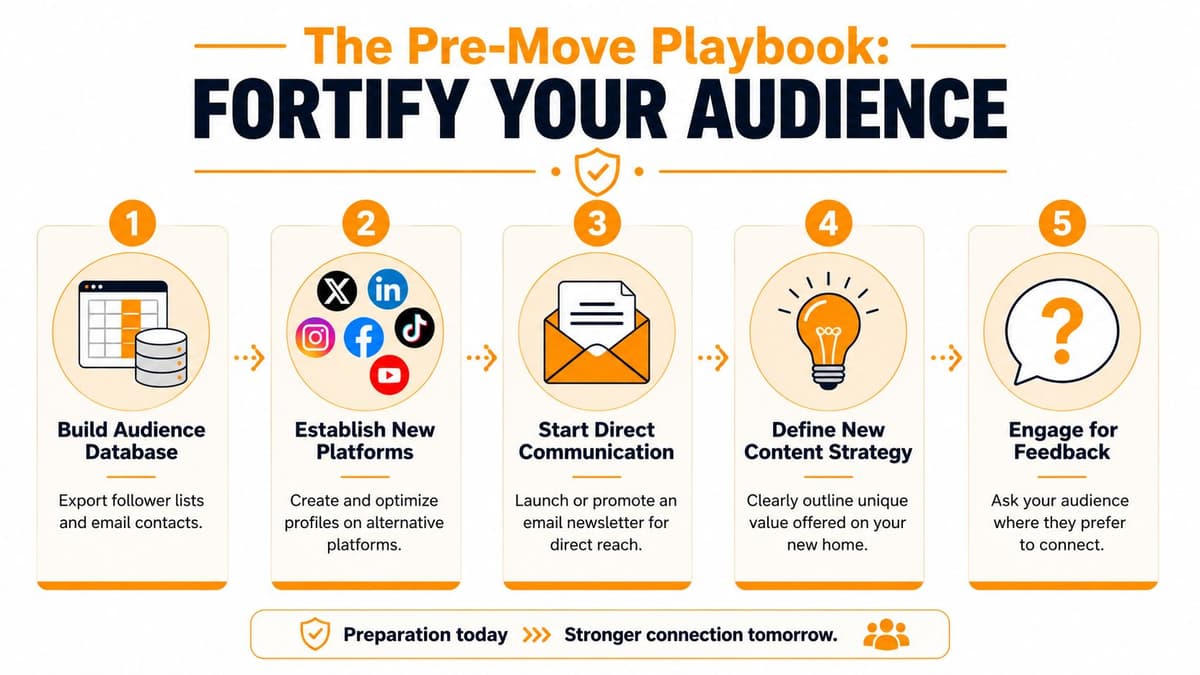 A five-step infographic showing how to build, diversify, and engage an audience before leaving a platform.