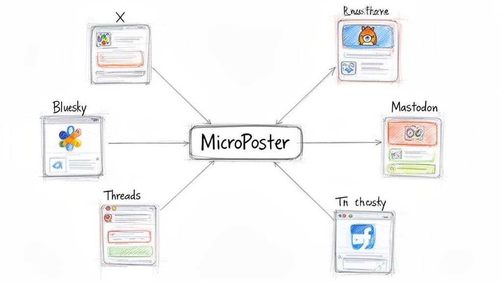 Diagram showing MicroPoster as a central hub for cross-posting content to Bluesky, Mastodon, Threads, X, and other social media platforms.
