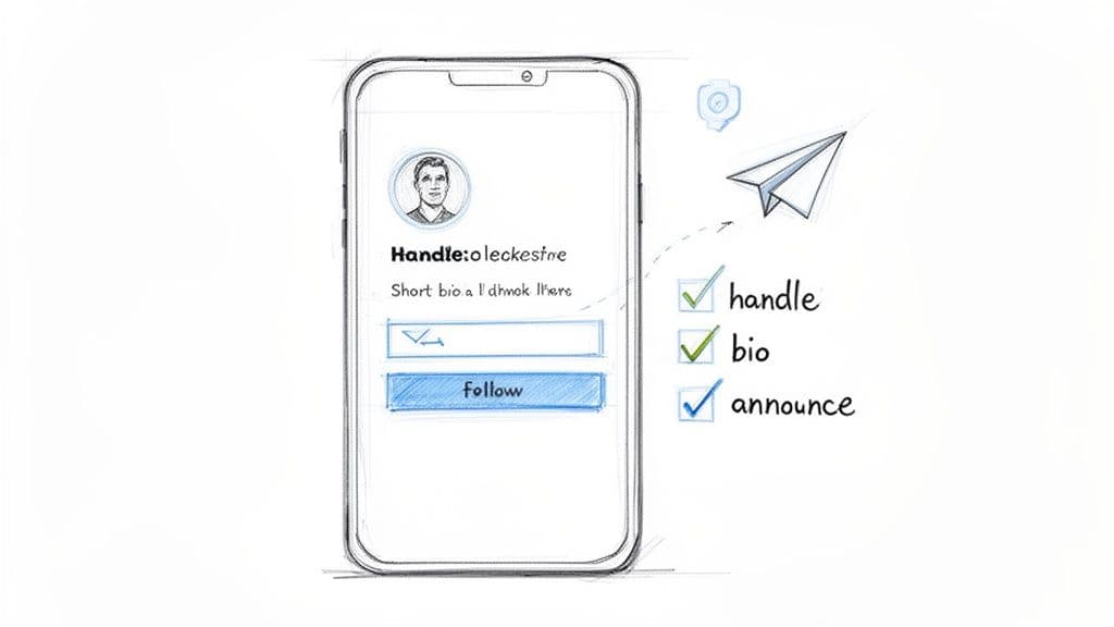 Hand-drawn smartphone displaying a user profile with handle, bio, and 'Follow' button, plus a checklist.