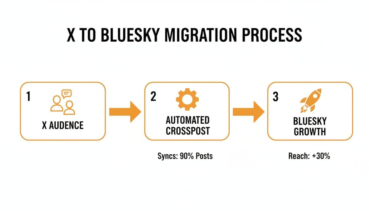 Flowchart detailing the X to Bluesky migration process, including automated crossposting and growth.