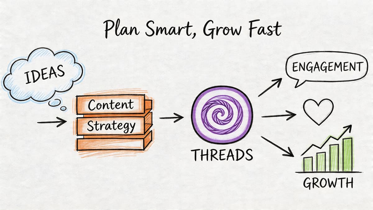 A hand-drawn flowchart illustrating how to turn ideas and content strategies into growth on Threads.