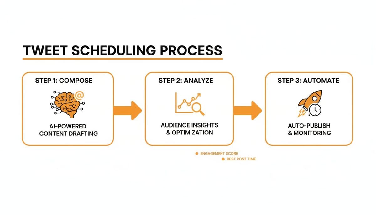 A diagram illustrates a three-step tweet scheduling process: AI drafting, audience analysis, and auto-publishing.