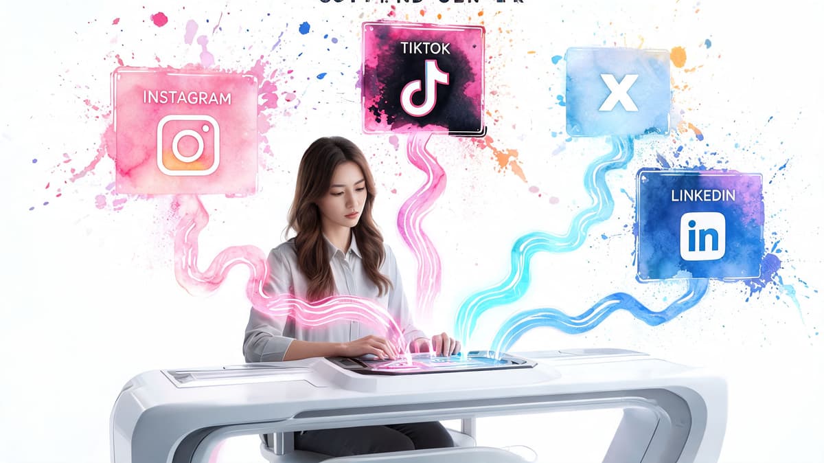 A young woman managing various social media platforms using a futuristic digital workspace desk and interface.