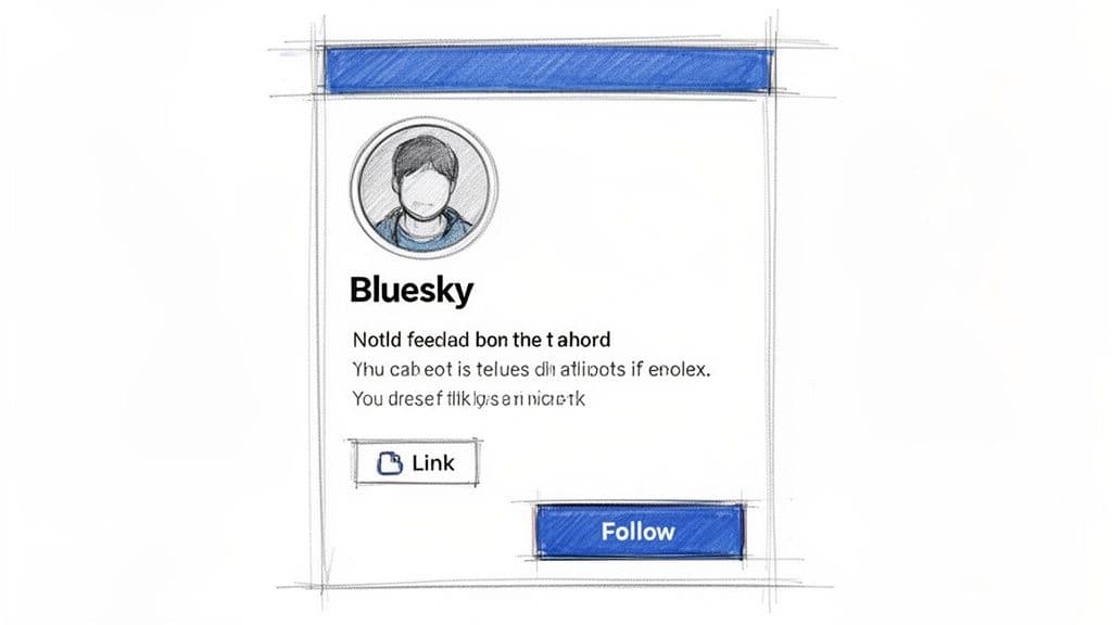 Hand-drawn sketch of a Bluesky social media profile page with user details and buttons.