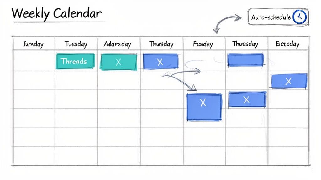 Hand-drawn weekly calendar illustrating tasks like 'Threads' and 'X' being auto-scheduled.