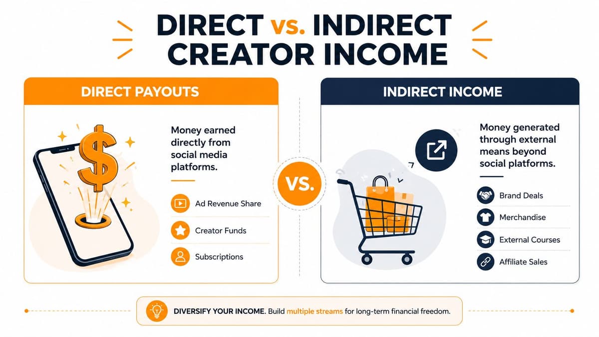 An infographic comparing direct payouts from social media platforms versus indirect income streams for online creators.