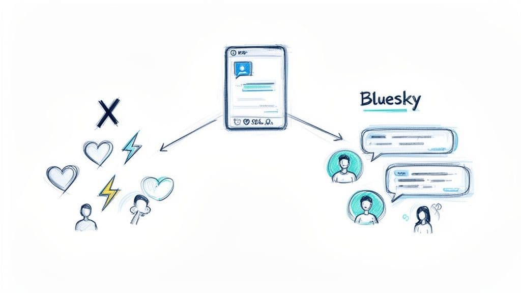 A diagram illustrates a smartphone post connecting to social media reactions and the Bluesky platform.