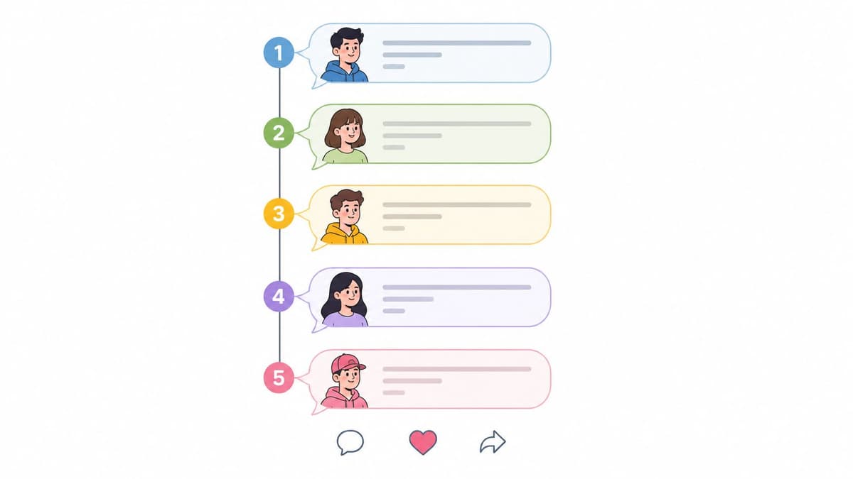 A vertical infographic showing five numbered speech bubbles with avatars representing a sequence or user communication process.