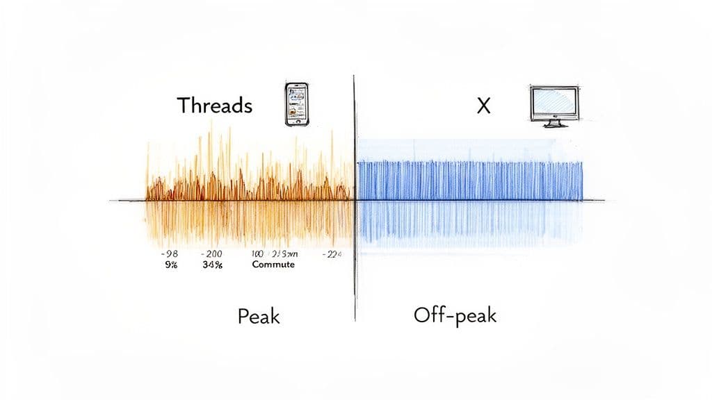 A comparative graph illustrating social media activity for Threads (phone) and X (monitor) during peak and off-peak times.