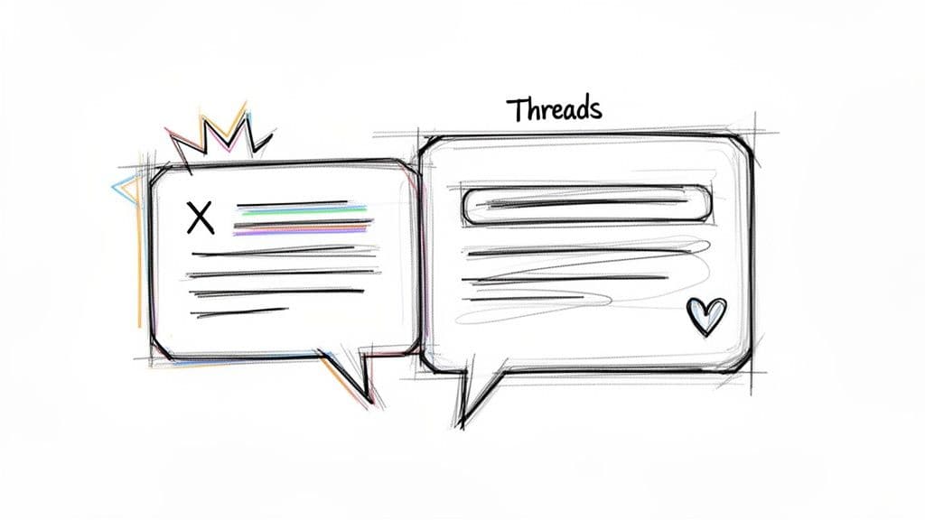Sketch showing two chat bubbles, one with an X, the other featuring 'Threads' text and a heart.