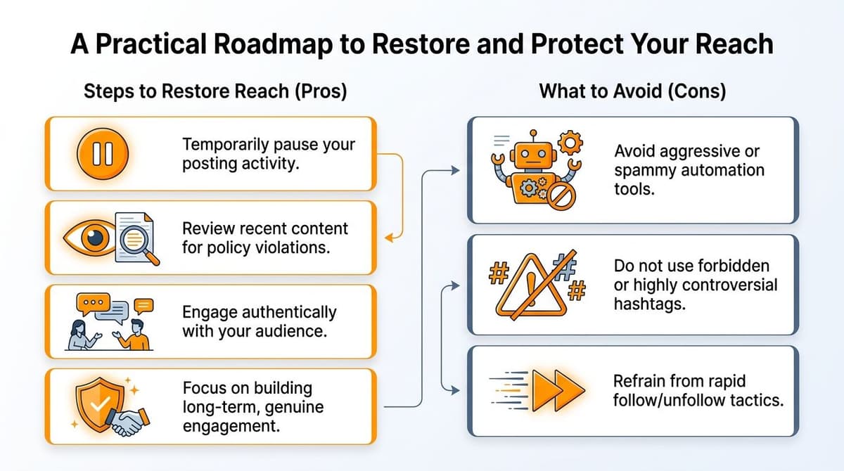 An infographic titled a practical roadmap to restore and protect your reach with tips and advice.