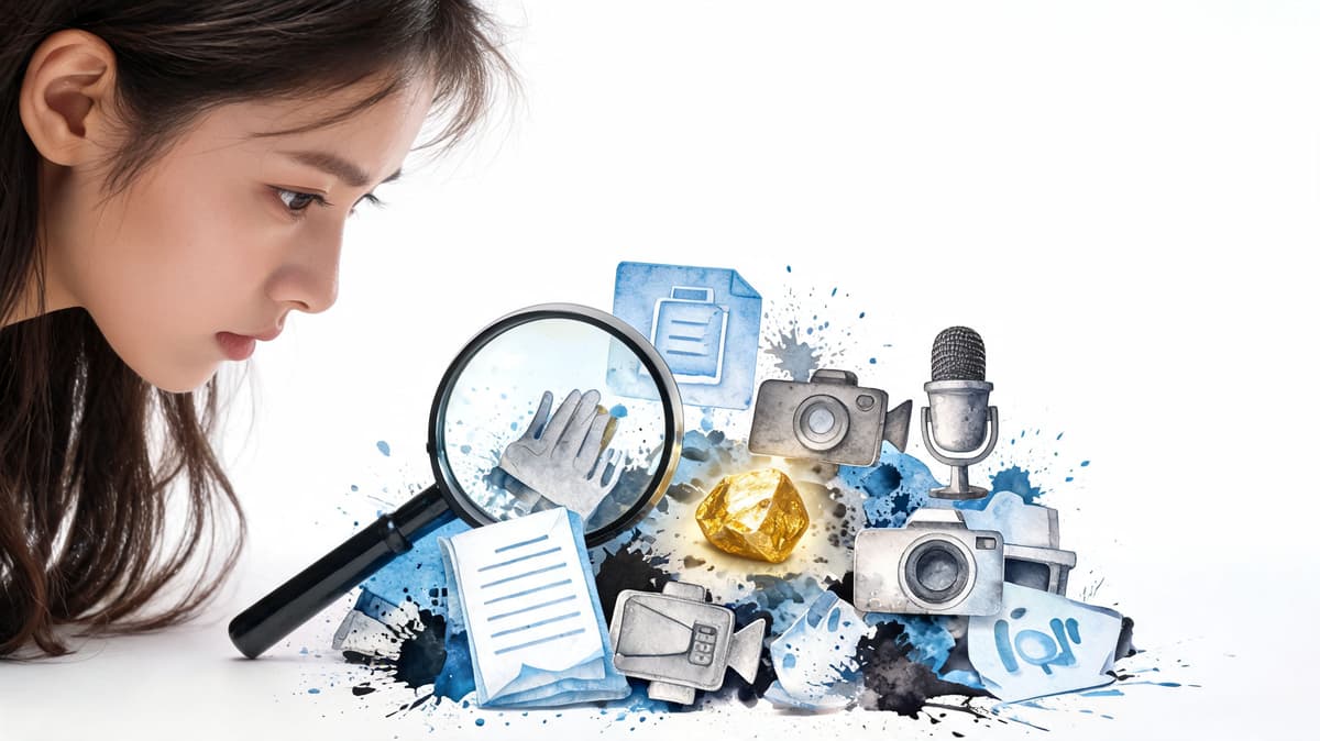 A woman looks through a magnifying glass at a collection of creative media icons and a gold nugget.