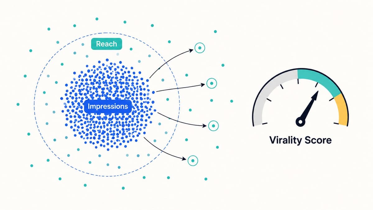 A conceptual illustration showing the difference between reach and impressions alongside a virality score speedometer gauge.