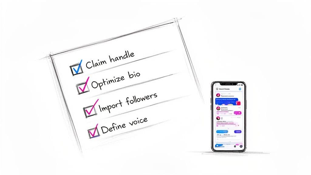 A hand-drawn checklist with four checked items next to a smartphone displaying a social media app.