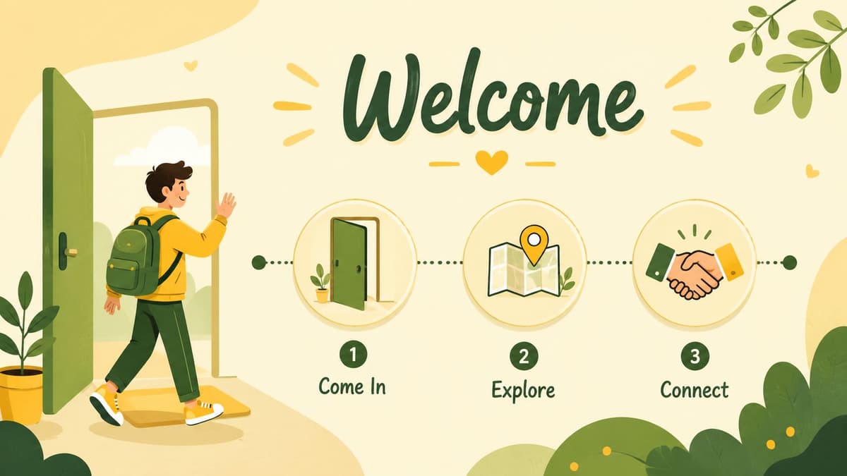 A friendly illustration showing a student entering a space with steps for coming in, exploring, and connecting.
