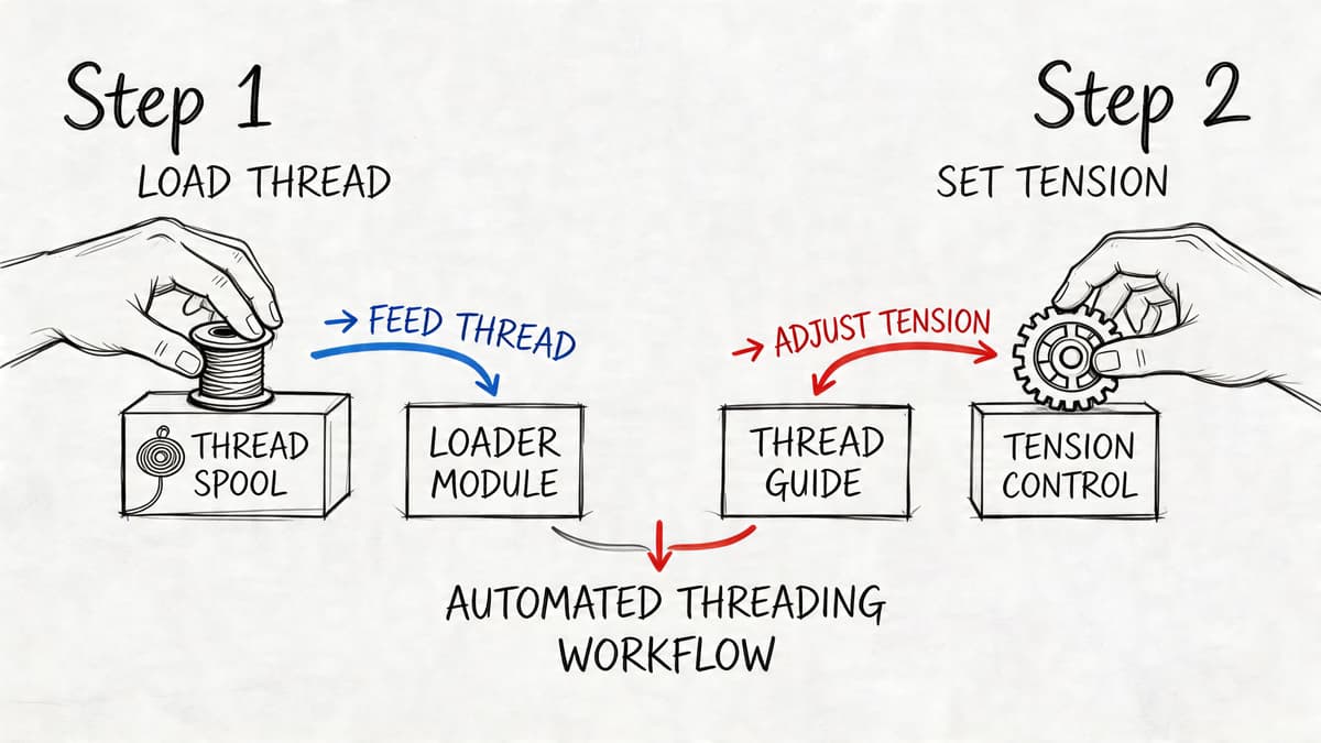 A diagram illustrating an automated threading workflow with manual steps for loading thread and setting tension.