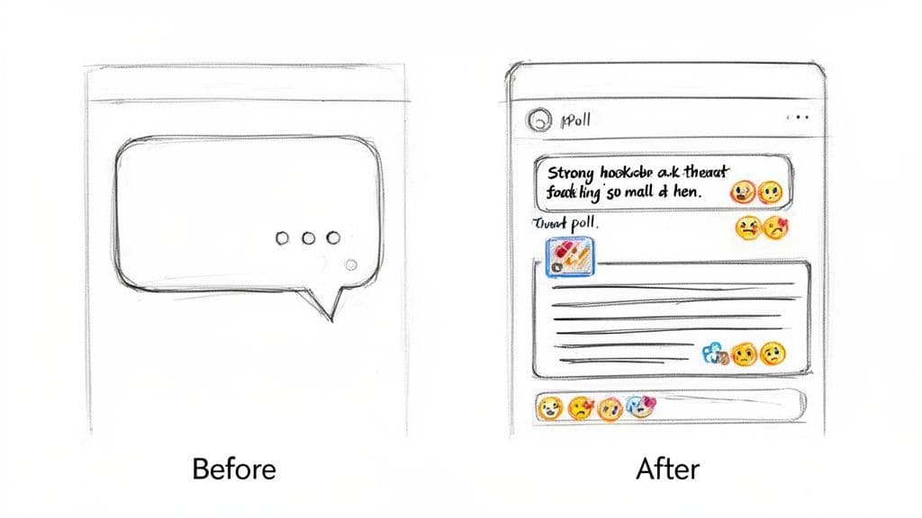 Sketches show a mobile app UI evolving from a simple chat bubble to a detailed social media poll.