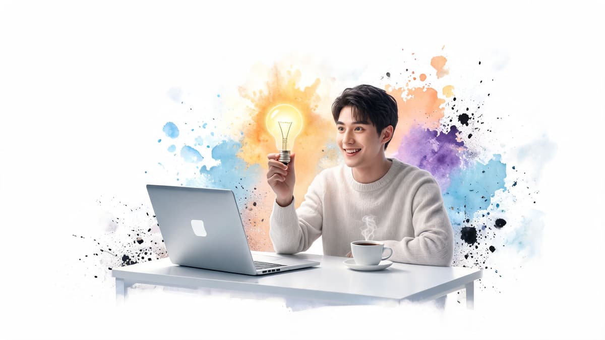 A happy young man holding a glowing lightbulb near his laptop while working at a desk.