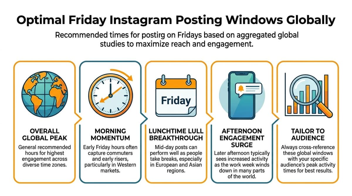 An infographic showing optimal Friday Instagram posting windows, detailing morning, lunchtime, and afternoon engagement strategies globally.