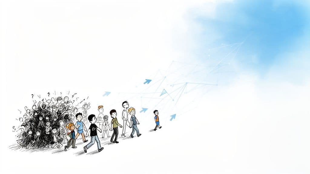 People migrating from a dense, uncertain crowd towards a clear, digitally enhanced future.