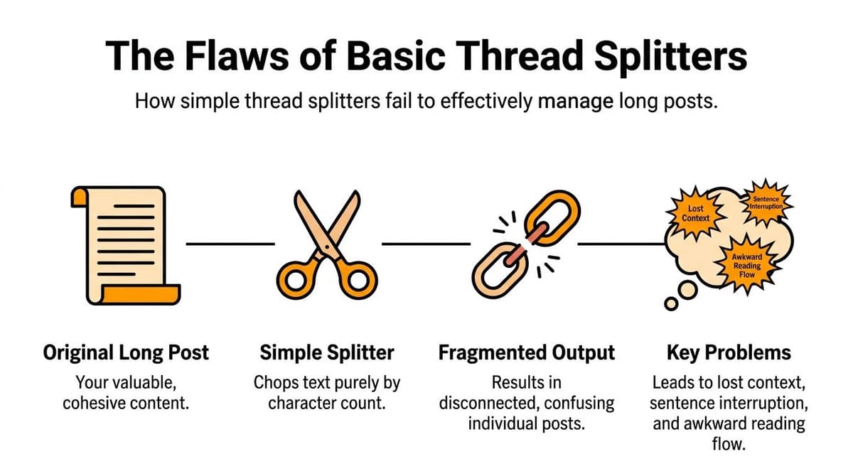 An infographic showing how basic thread splitters fail to manage long posts effectively, leading to fragmented output.