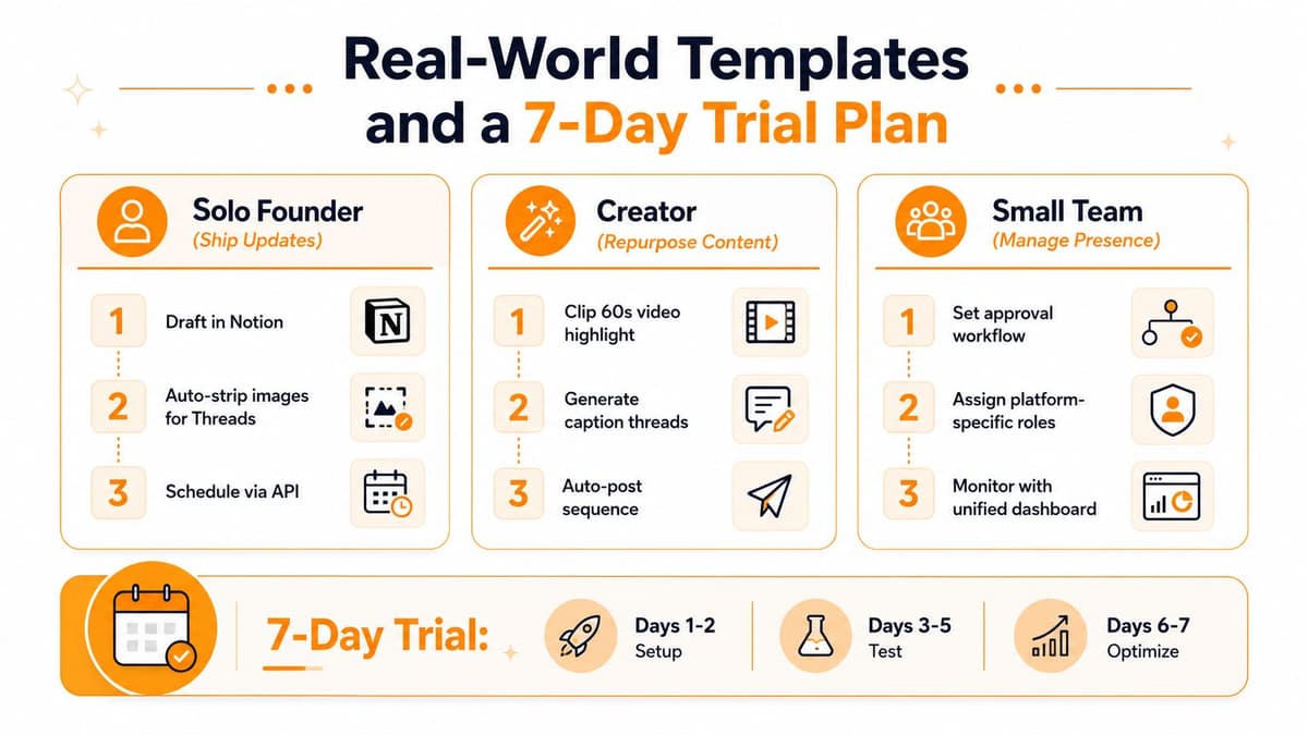A visual guide outlining workflow templates for solo founders, creators, and teams, plus a seven-day trial plan.