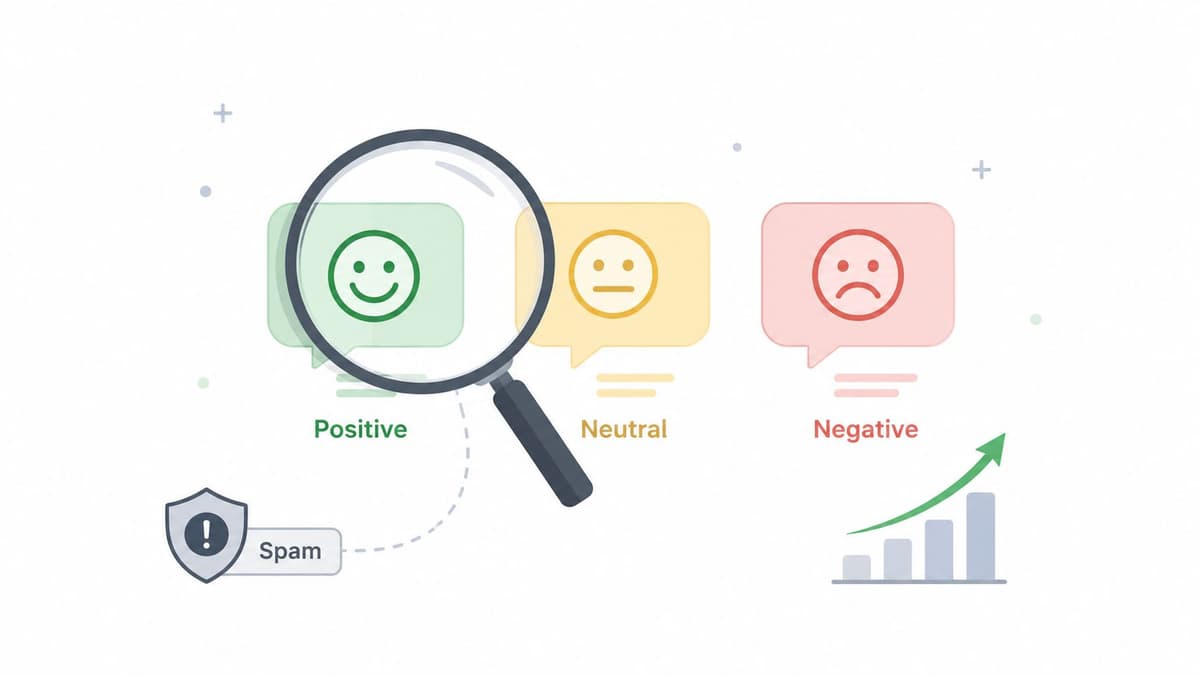 A magnifying glass analyzing sentiment icons representing positive, neutral, and negative feedback with a spam protection shield.