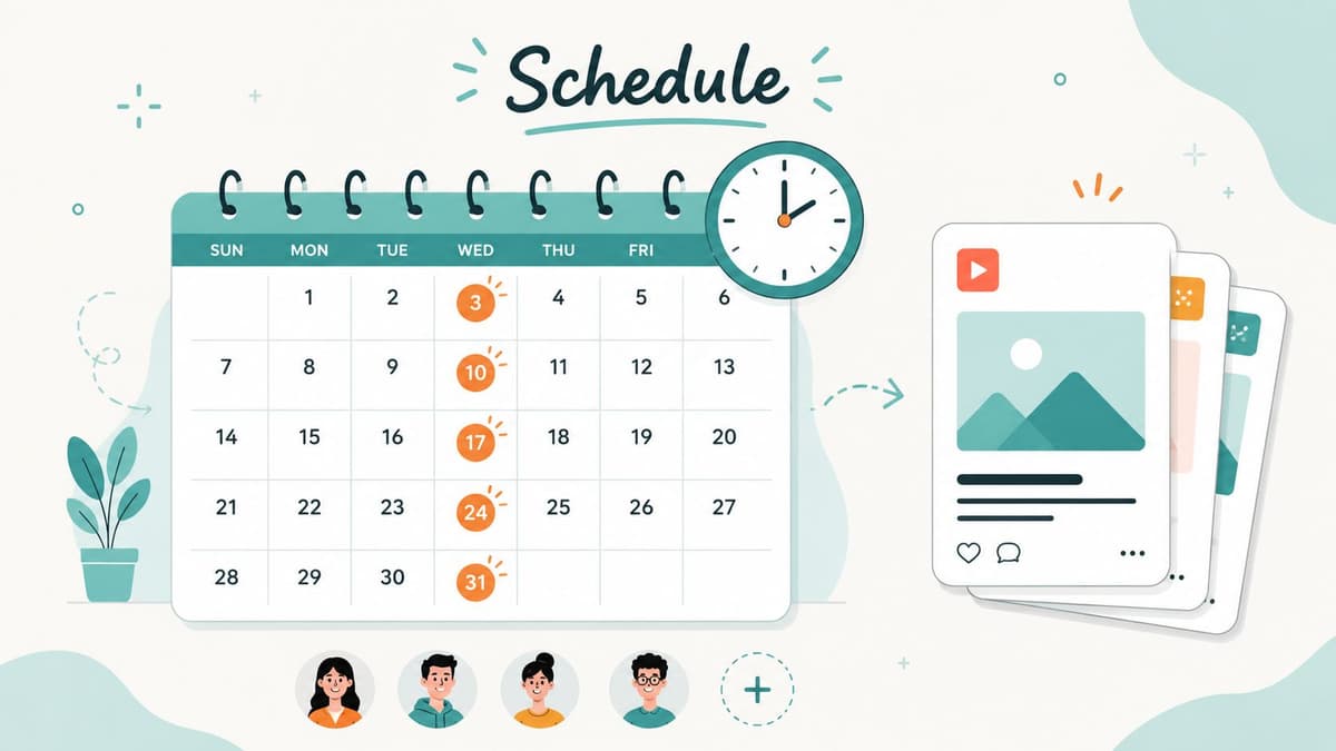 A social media content calendar illustration featuring a planner with highlighted dates and post templates.
