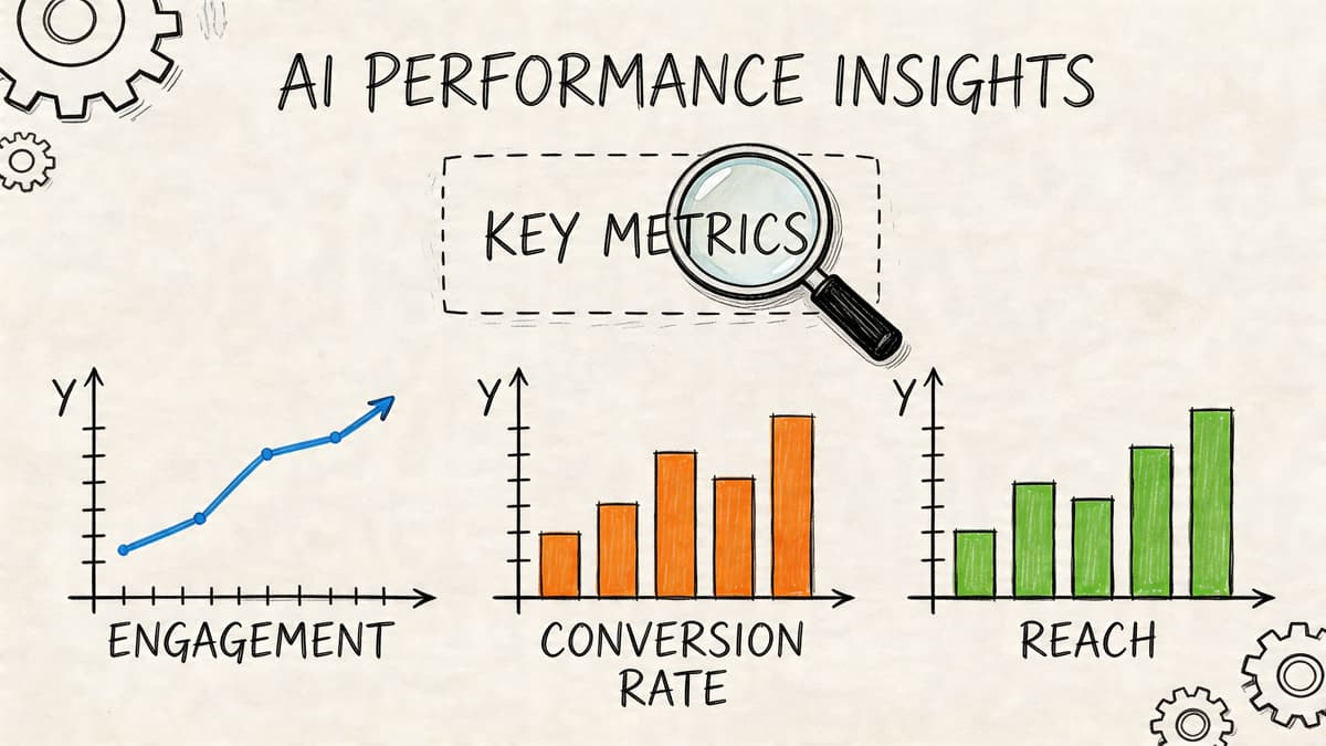 Hand-drawn illustration showing AI performance insights with charts for engagement, conversion rate, and reach metrics.
