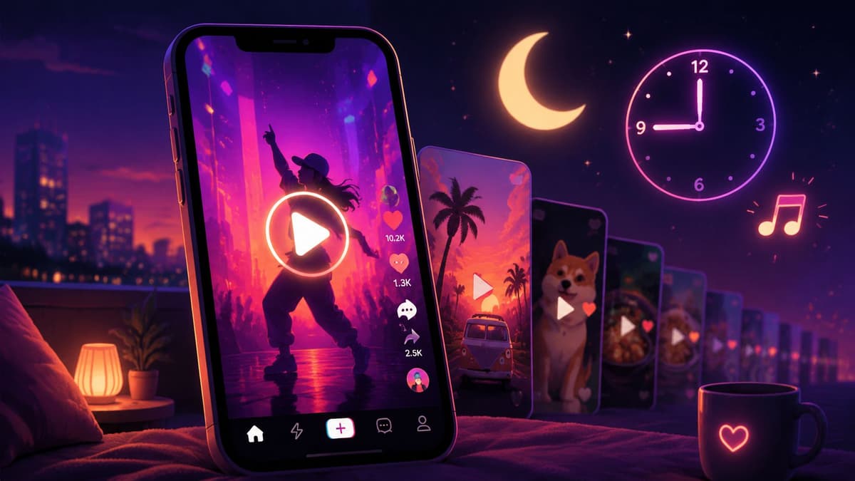 A glowing smartphone displaying viral video content at night with a clock and crescent moon background.